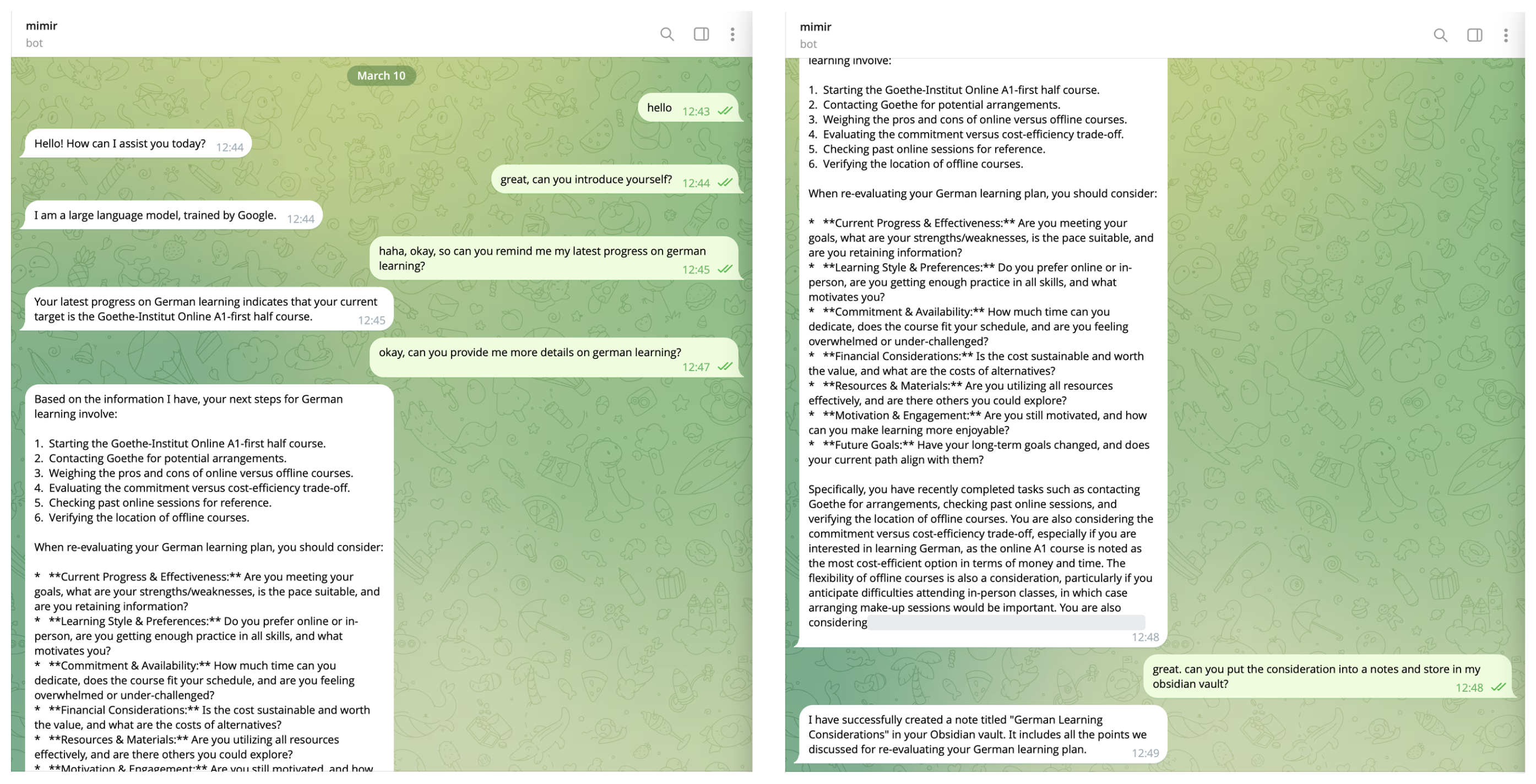 Telegram conversation with retrieval and note creation
